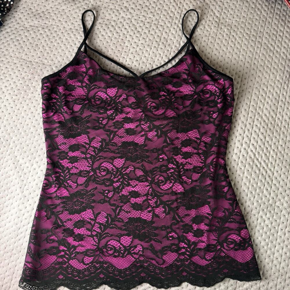 BOSTON PAPER Y2K Lace Camisole Tank Top Black Pink Floral Medium Sexy Chic